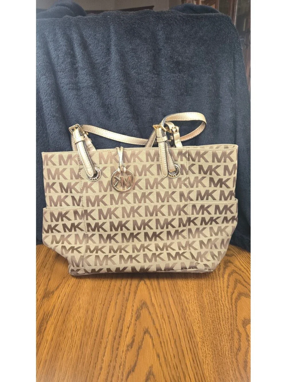 Michael Kors Beige and Brown MK Logo Tote Bag with Gold Handles